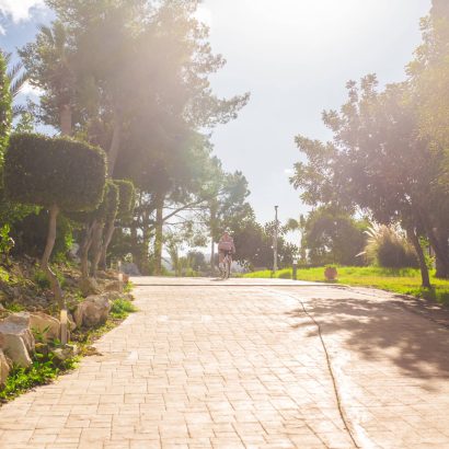Handsome young man with bicycle and helmet in park on sunny day.