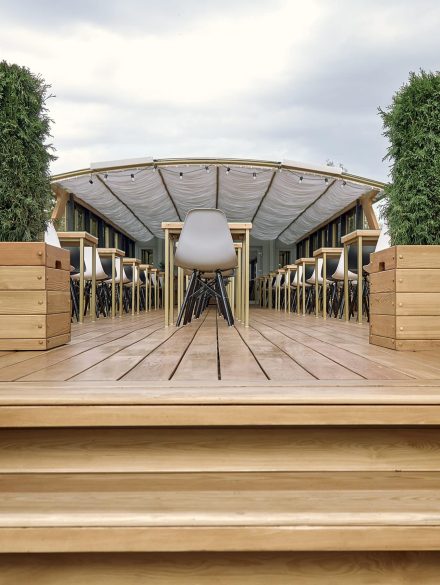 Interior details of restaurant on the ship. Concept of interior design of a restaurant on a ship.